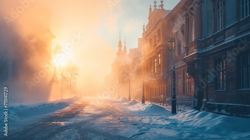 Historic buildings in the city of Prague in winter with fog and snow, Czech Republic in Europe.