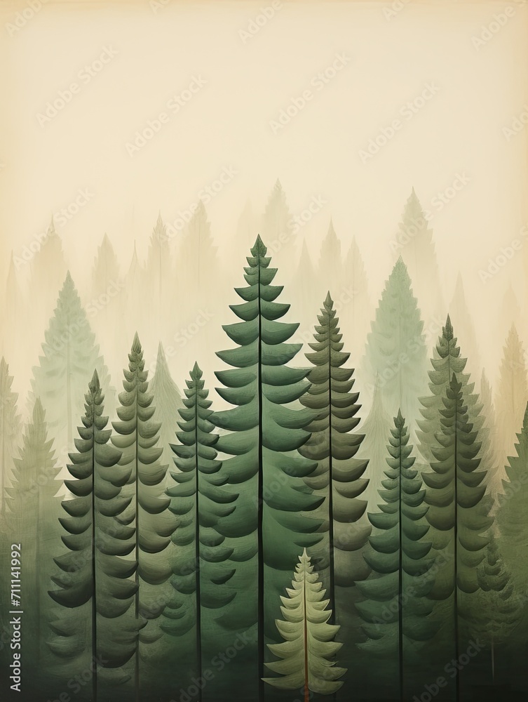 Vintage Simplified Nature: Minimalist Forest Landscapes in Serene Paintings