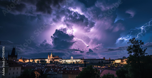 Thunderstorm over Prague city in Czech Republic in Europe.