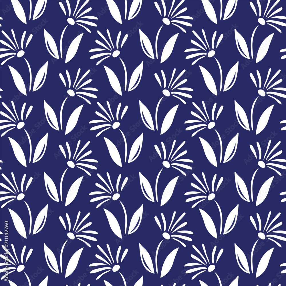 Floral print seamless pattern. Simple white flowers on navy blue background. Monochrome vector vector illustration Floral print seamless pattern. Simple white flowers on navy blue background. Monochrome vector vector illustration