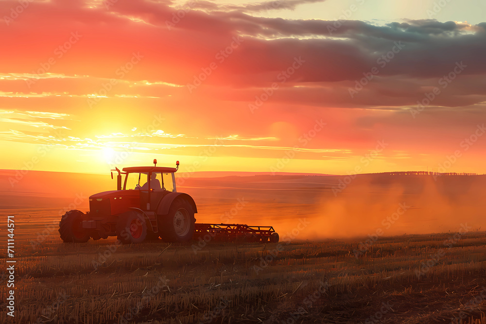 A tractor plowing a field with a sunset
