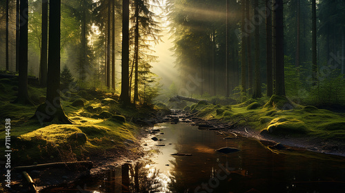 beautiful view of the forest in early morning with a river
