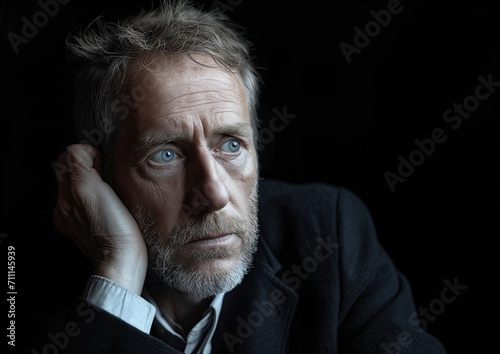 Thinking middle-age business man, high-key lighting, black background