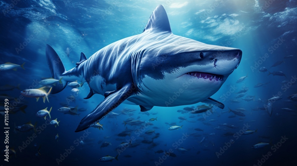 Naklejka premium Powerful Shark Displaying Sharp Teeth in Aggressive Stance - AI-Generative