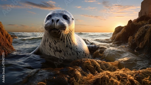Graceful Grey Seal Surfacing in Ocean Waters on Rocky Beach with Elegance and Presence - AI-Generative photo