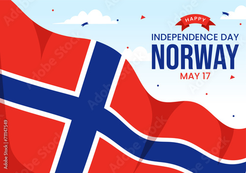 Norway Independence Day Vector Illustration on May 17 with Flag of Norwegian and Ribbon in National Holiday Celebration Flat Cartoon Background