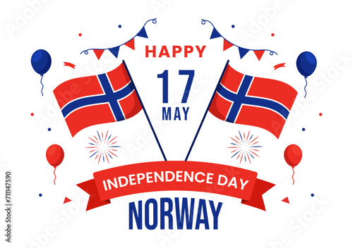 Norway Independence Day Vector Illustration on May 17 with Flag of Norwegian and Ribbon in National Holiday Celebration Flat Cartoon Background