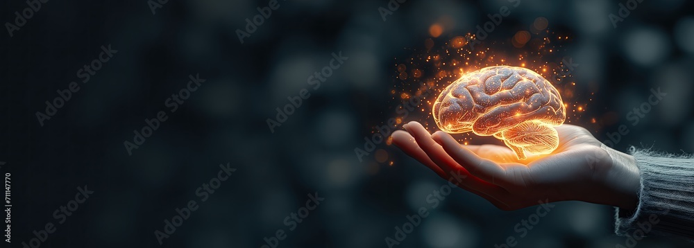 human hand, out to light up an image of a brain on a dark background - obrazy, fototapety, plakaty 