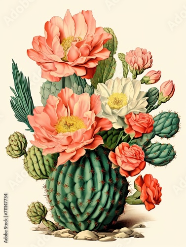 Retro Blooming Cactus Designs: Vintage Art Print showcasing the harmony of desert life