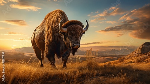 Majestic Bull Roaming Freely Across Vast Desert Landscape - AI-Generative