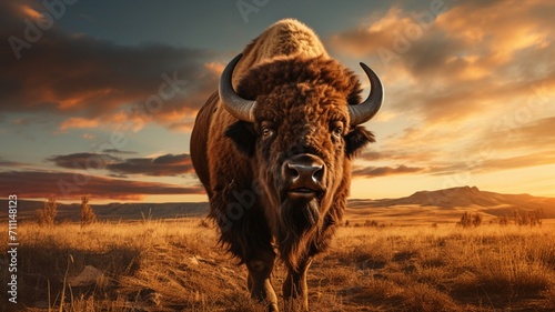 Majestic Bull Roaming Freely Across Vast Desert Landscape - AI-Generative