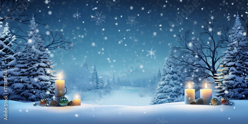  Winter Forest Landscape With Burning Candles Christmas Decoration  holidays concept  Christmas landscape with snow and fir trees. © kalsoom