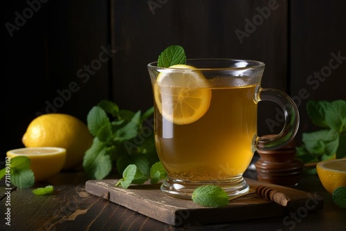 A warm infusion of melissa leaves blended with tangy lemon and sweet honey. Generative AI