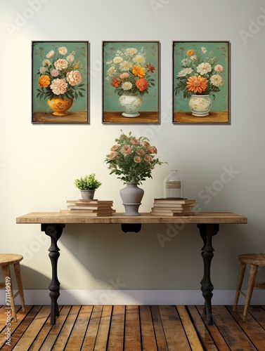 Timeless Artistic Wall Displays  Retro Vintage Floral Designs in Rustic Field Painting Styles