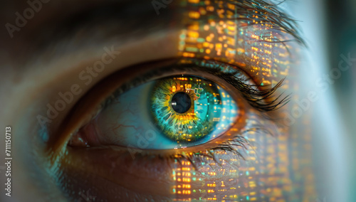 a person's eye looking at a computer screen with programming code on screen photo