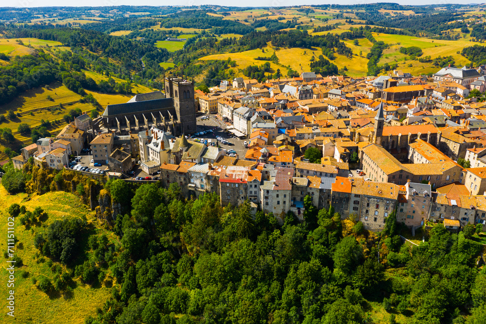 Top view of the city of Saint-Flour and Saint-Flour Cathedral. The Auvergne region. France