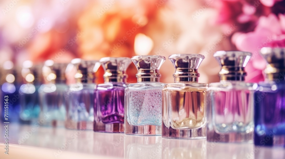 Closeup of a row of different scented perfumes, each one promising a different level of alluring fragrance. Closeup of a row of different scented perfumes, each one promising a different level of alluring fragrance.