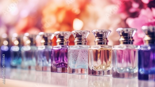 Closeup of a row of different scented perfumes  each one promising a different level of alluring fragrance.