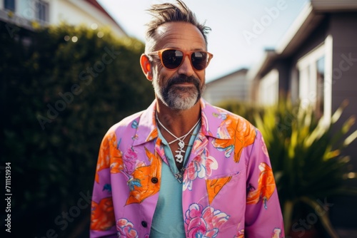 Portrait of a handsome middle-aged man with a beard and mustache wearing a colorful shirt and sunglasses.