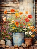 Time-Worn Garden Illustrations: Rustic Blooming Countryside Artwork