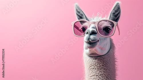Llama with glasses on solid background.