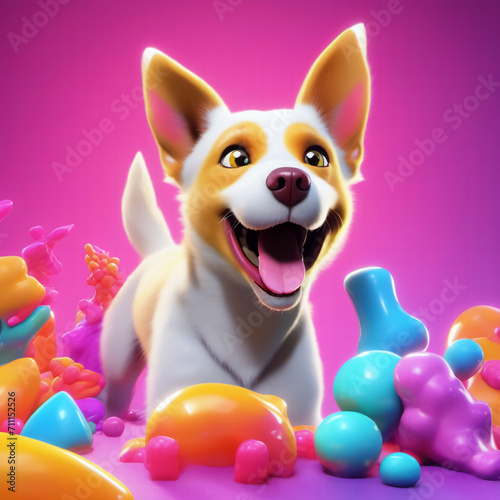 3D dog on a colorful background. Playful image created by AI. © wesleyyaya