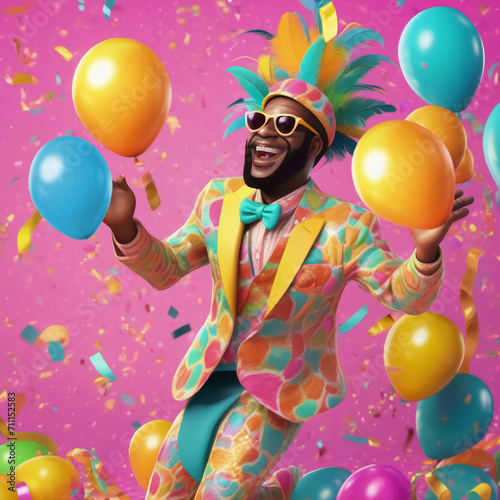 Carnival. Man dancing and having fun at a typical carnival party in Brazil. Very colorful background with participants, streamers and balloons. Image created by AI.