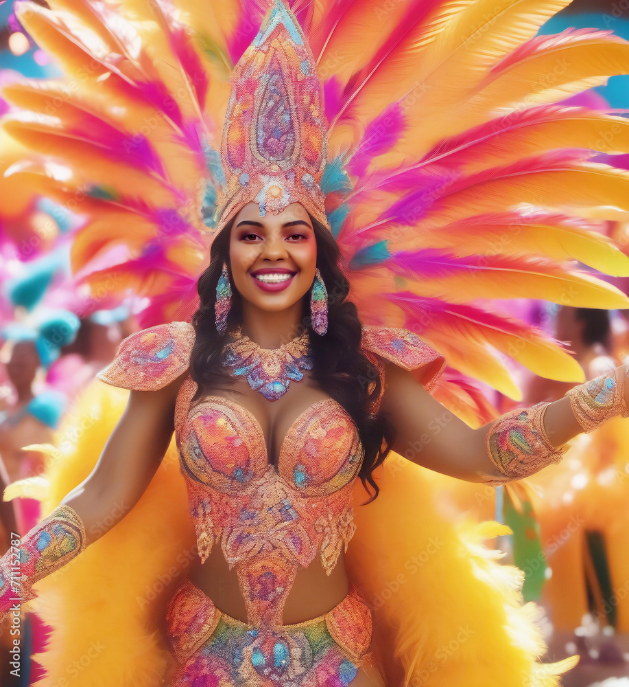 Carnival. Beautiful woman dancing and having fun at a typical carnival party in Brazil. Very colorful background with participants, streamers and balloons. Image created by AI.