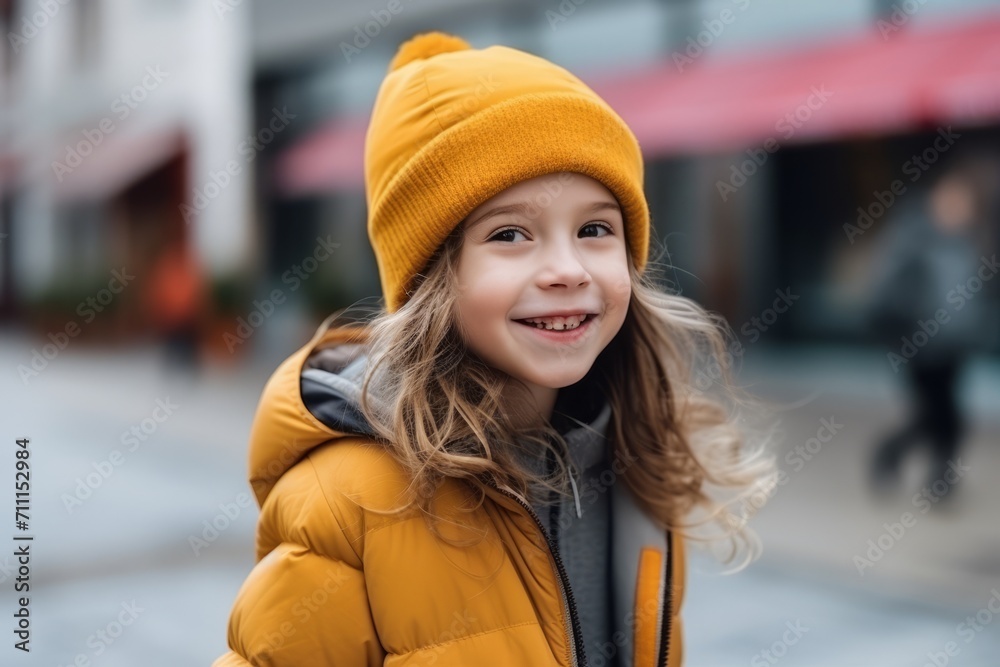 Outdoor portrait of cute little girl in yellow hat and coat.