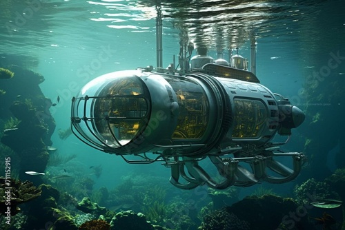 Underwater exploration vehicle in a digitally enhanced, futuristic setting. Generative AI photo