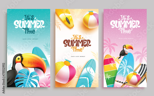 Summer time text poster set design. It's summer time text with toucan, surfboard and beach ball decoration elements for tropical season collection. Vector illustration summer time poster advertisement