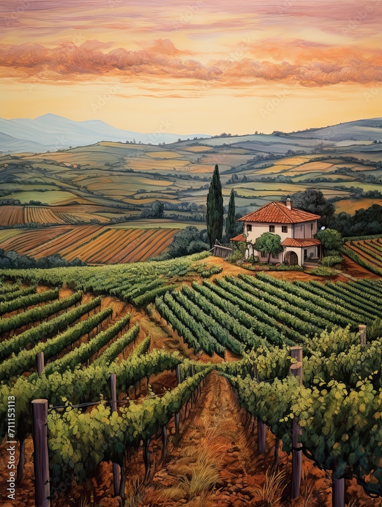 Timeless Tuscan Vineyards: Captivating Vintage Landscape Prints of Sprawling Farmhouses and Rustic Charm