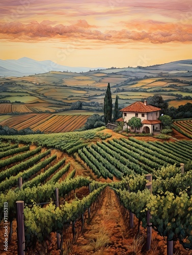 Timeless Tuscan Vineyards: Captivating Vintage Landscape Prints of Sprawling Farmhouses and Rustic Charm