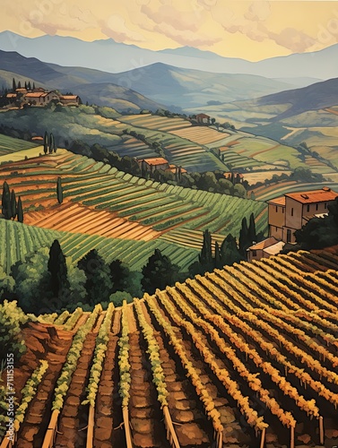 Timeless Tuscan Landscape Prints: Vintage Terraced Vineyards Under the Tuscan Sun