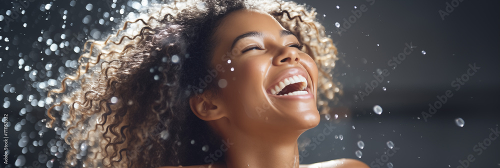 Happy woman with curly hair laughing in a shower of water drops, feeling refreshed and joyful AI Generative