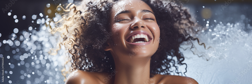 Fototapeta premium Joyful African American woman enjoying water splash with a bright smile AI Generative