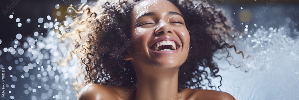 Joyful African American woman enjoying water splash with a bright smile AI Generative