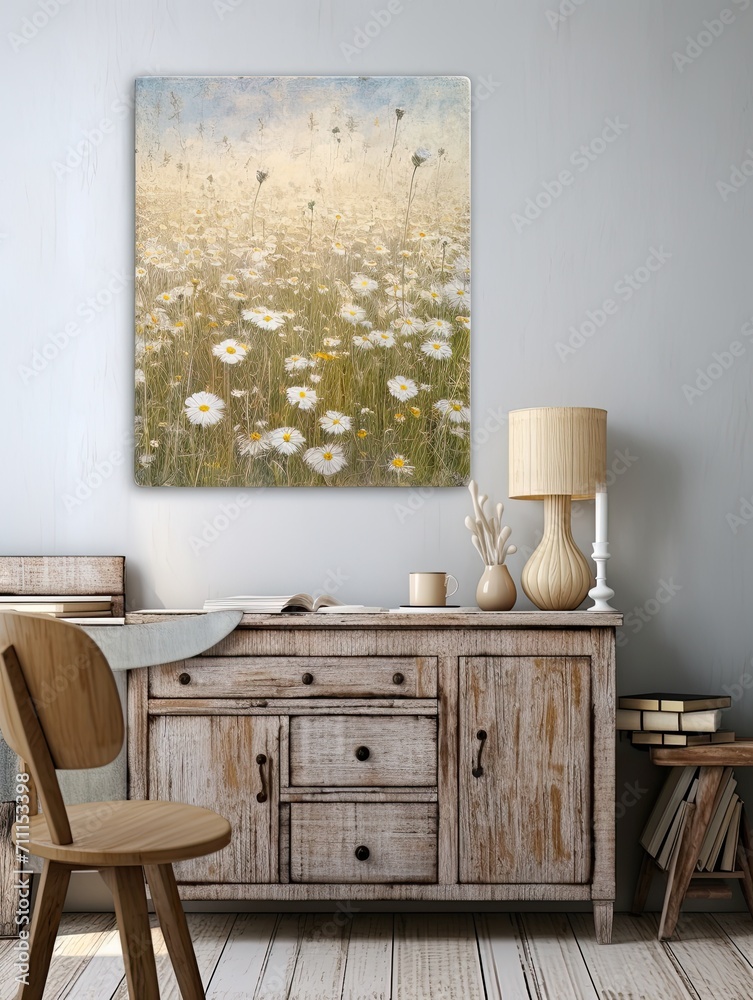 Naklejka premium Tranquil Prairie Art Prints - Vintage Wildflower Field Painting, Rustic Wall Art