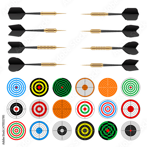 Paper targets with dart arrows. Shooting range round target, divisions, marks and numbers. Gun shooting practise and training, sport competition, hunting. Bullseye and aim. Vector illustration