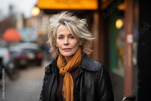 Portrait of mature woman with short hair in a city street. © Iigo