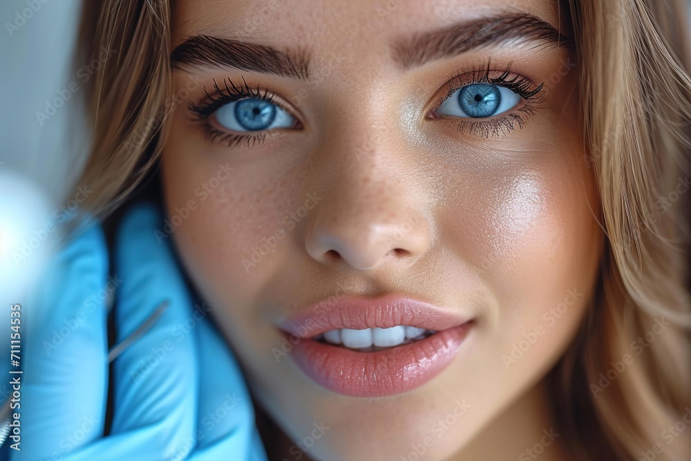 Doing professionally. Smiling pretty woman is having her teeth examined by dentist in clinic Doing professionally. Smiling pretty woman is having her teeth examined by dentist in clinic