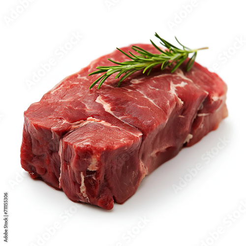 raw beef steak with rosemary on white background	