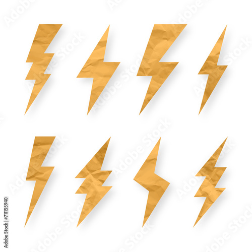 Lightning bolt, crumpled paper texture, cardboard. Flash symbol, thunderbolt. Simple lightning strike sign. Vector illustration