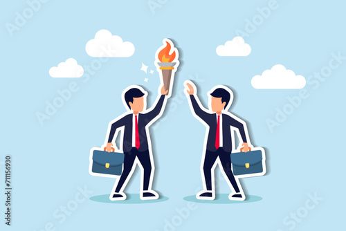 Successor plan, baton pass or transfer to new chosen leader, change new CEO or collaboration to achieve goal and win business competition concept, smart businessman leader passing torch to successor.