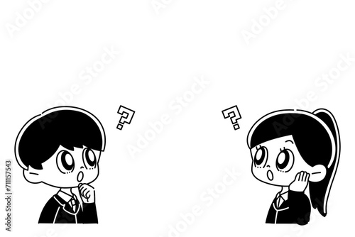 はてなを浮かべるスーツの男女　白黒