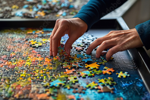 Putting together a jigsaw puzzle, a person puts together a puzzle.