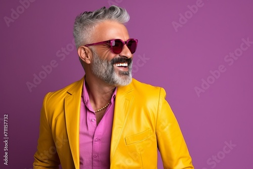 Portrait of a stylish senior man in sunglasses against purple background.