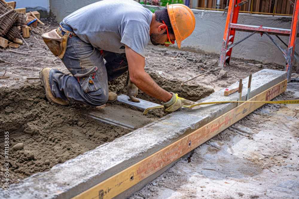 Leveling foundation construction, an image showcasing a construction worker using a level tool. Leveling foundation construction, an image showcasing a construction worker using a level tool.