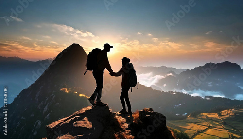 hiker helping friend reach the rocky mountains top, steep and high rocky mountains