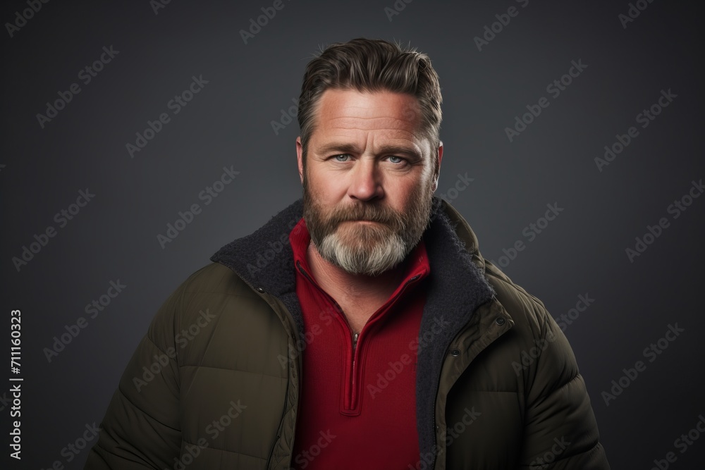 Portrait of a bearded man in a winter jacket. Studio shot.